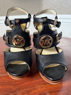 Michael Kors Black Platform Logo Sandals with Gold Accents